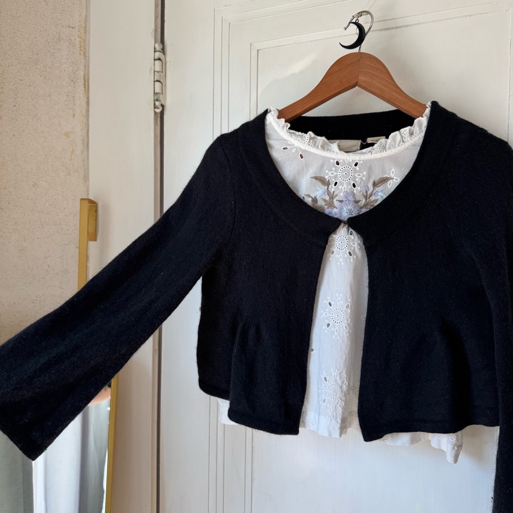 Anthropologie Cropped Black Cardigan, Angora Rabbit and Wool Blend, Size S